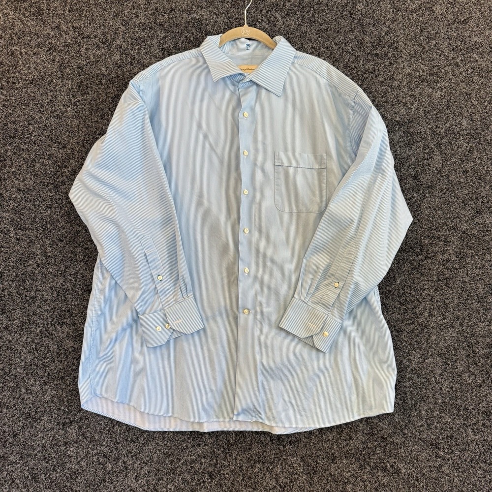 Tommy Bahama Shirt Men's 17.5 -32/33 Blue Striped Long Sleeve Button Up Casual